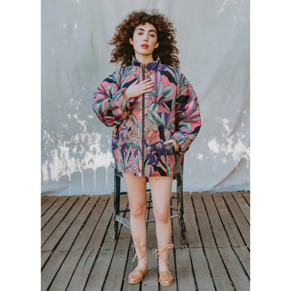 MARI + FÄTOU • Ayah Cats and Leaves Print Oversized Bomber Jacket, S/M - Picture 11 of 16